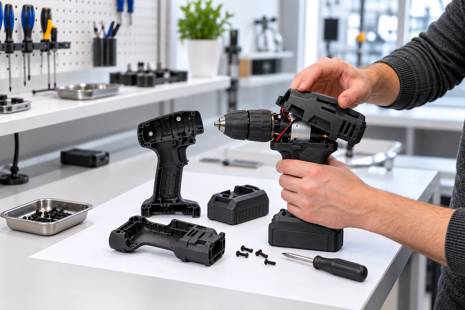 Black FDM ABS power tool enclosure prototypes