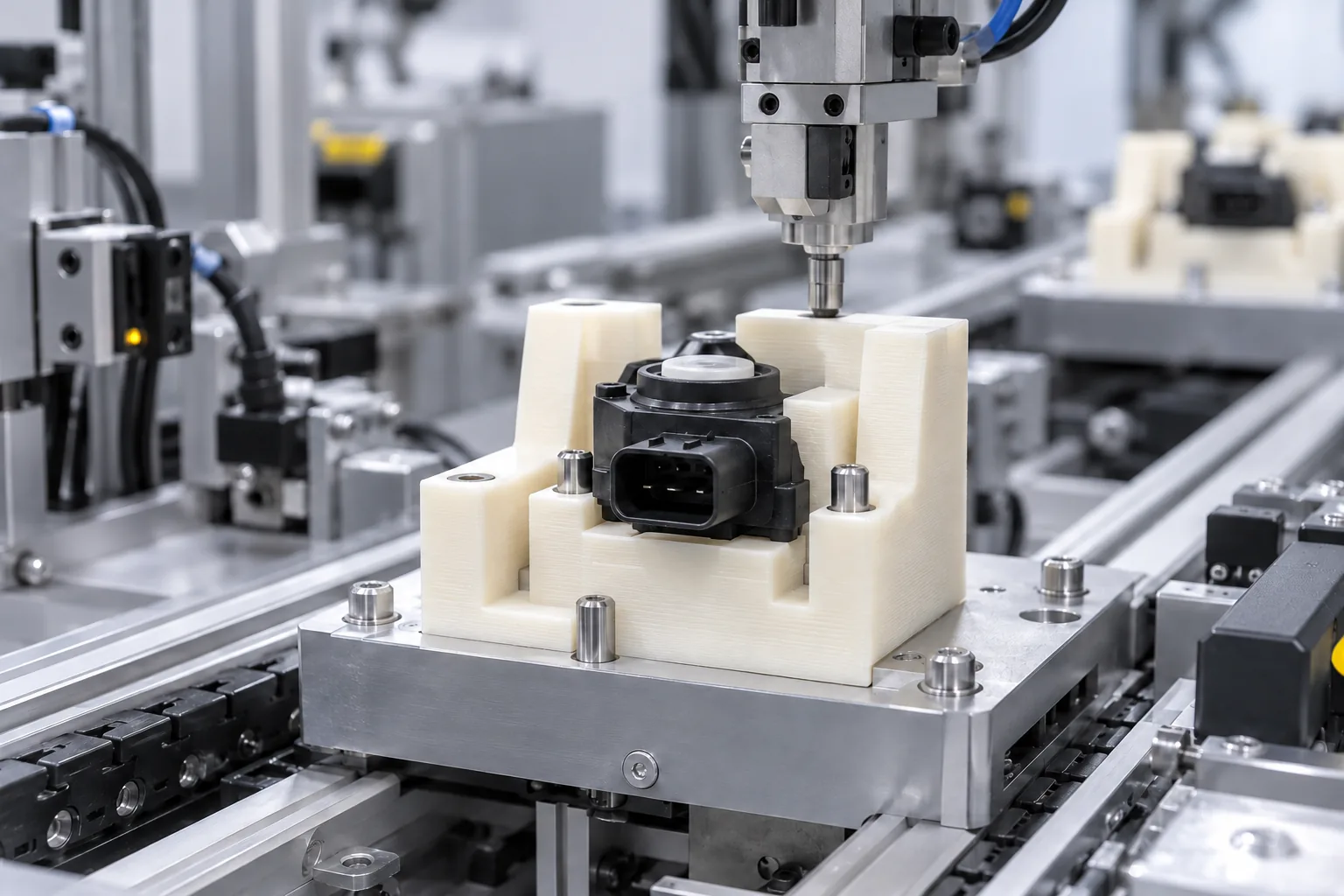 Ivory FDM ABS assembly nest on an automated line
