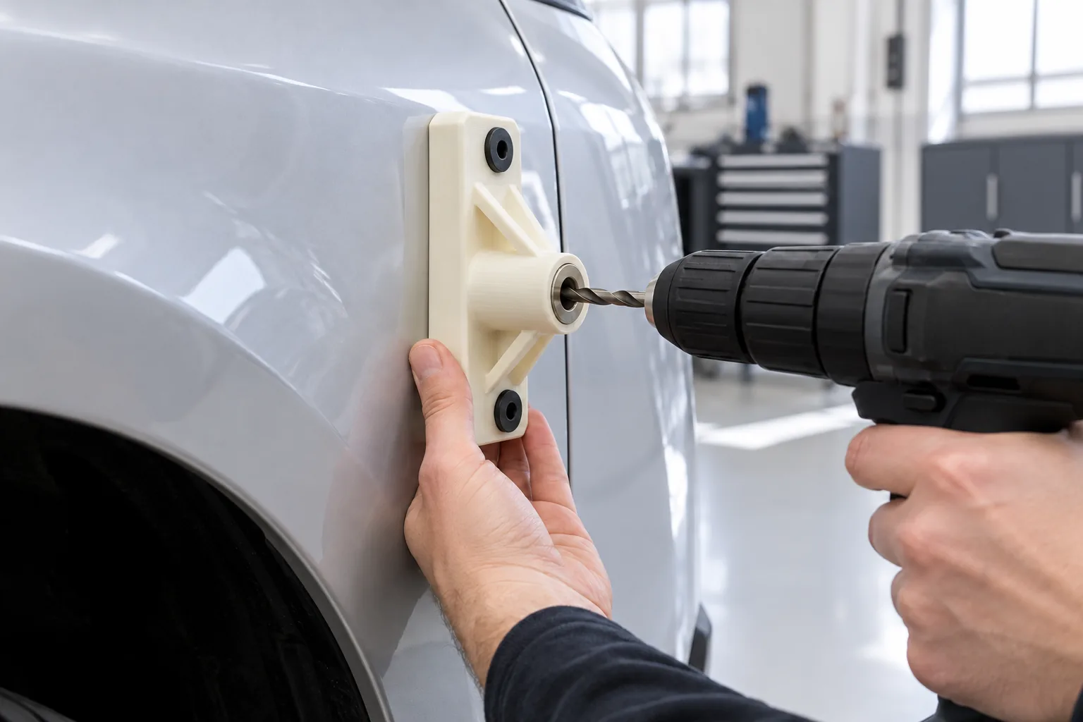 Ivory FDM ABS drill guide on a car body panel