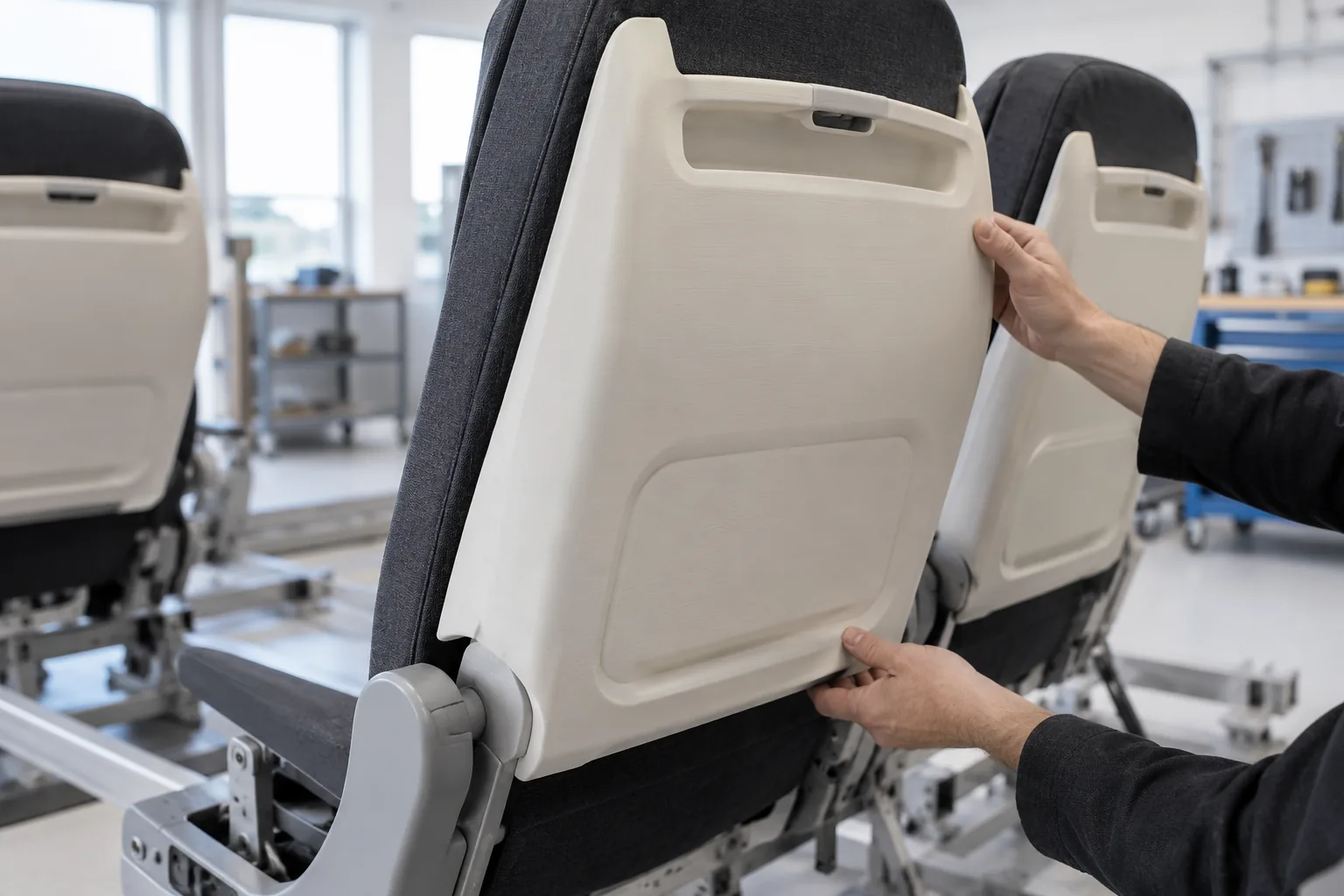 Ivory FDM ABS seat shroud on an aircraft cabin mock-up