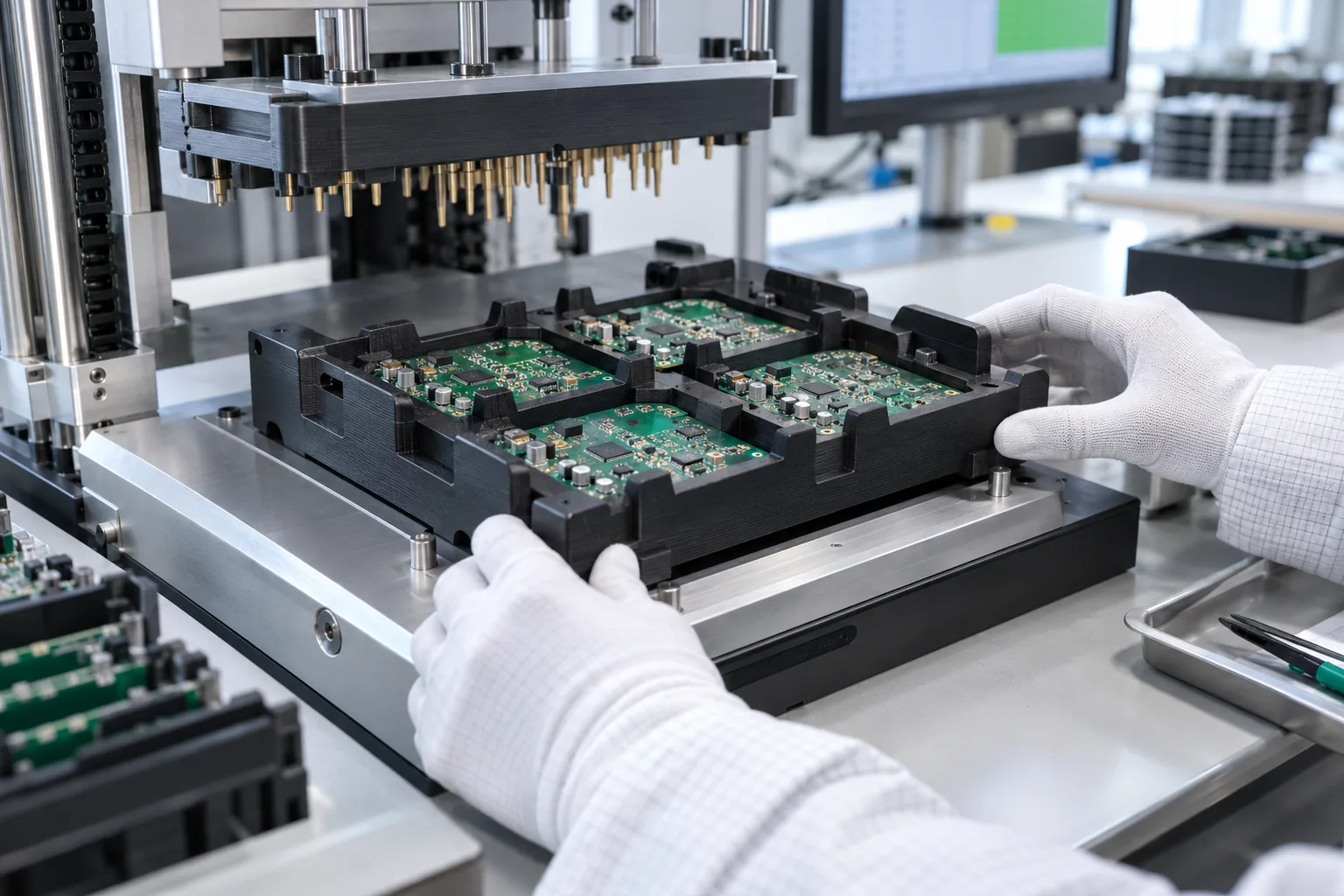 Black FDM ABS-ESD7 PCB carrier on an electronics test station