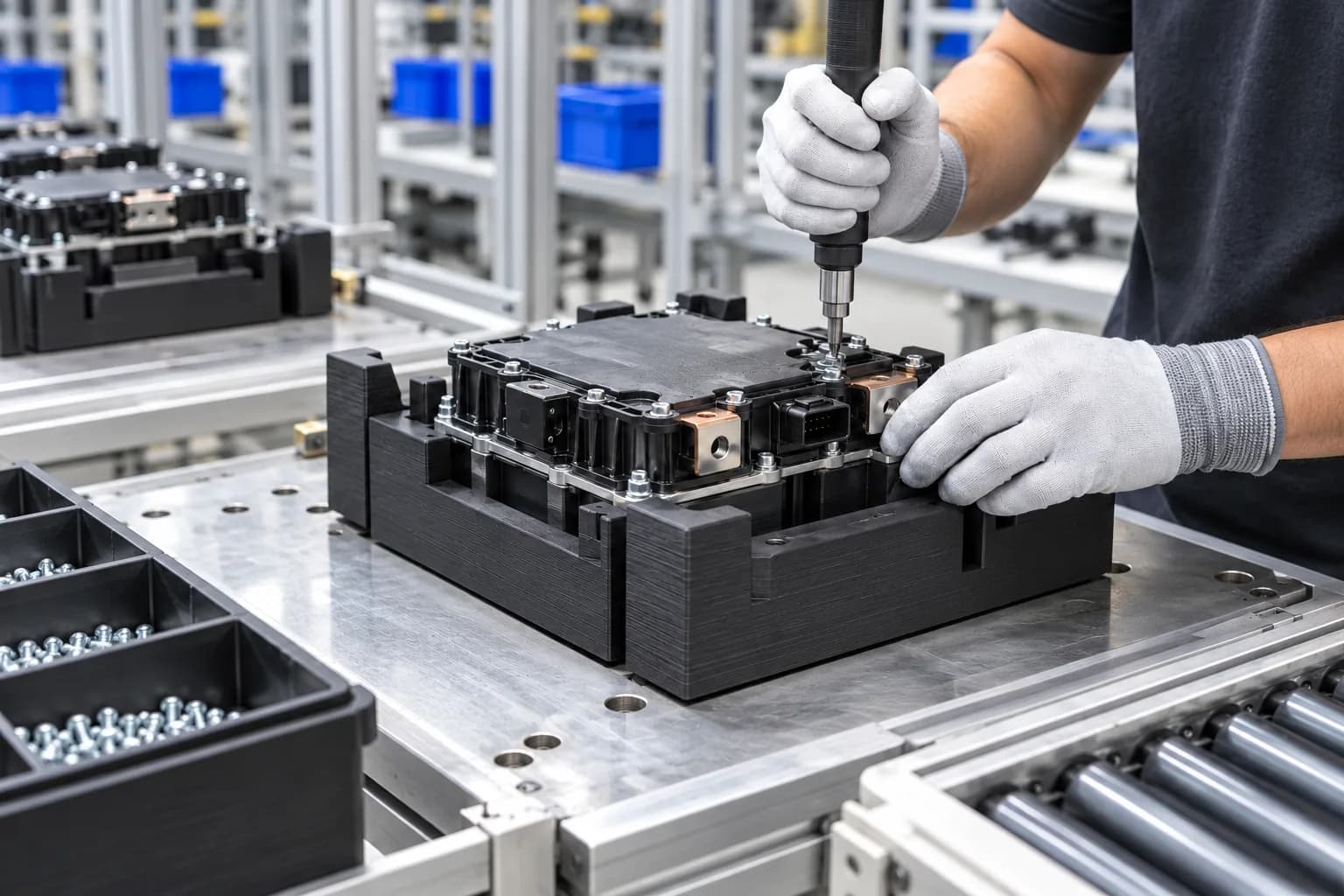 Black FDM ABS-ESD7 nest holding a power module during charger assembly