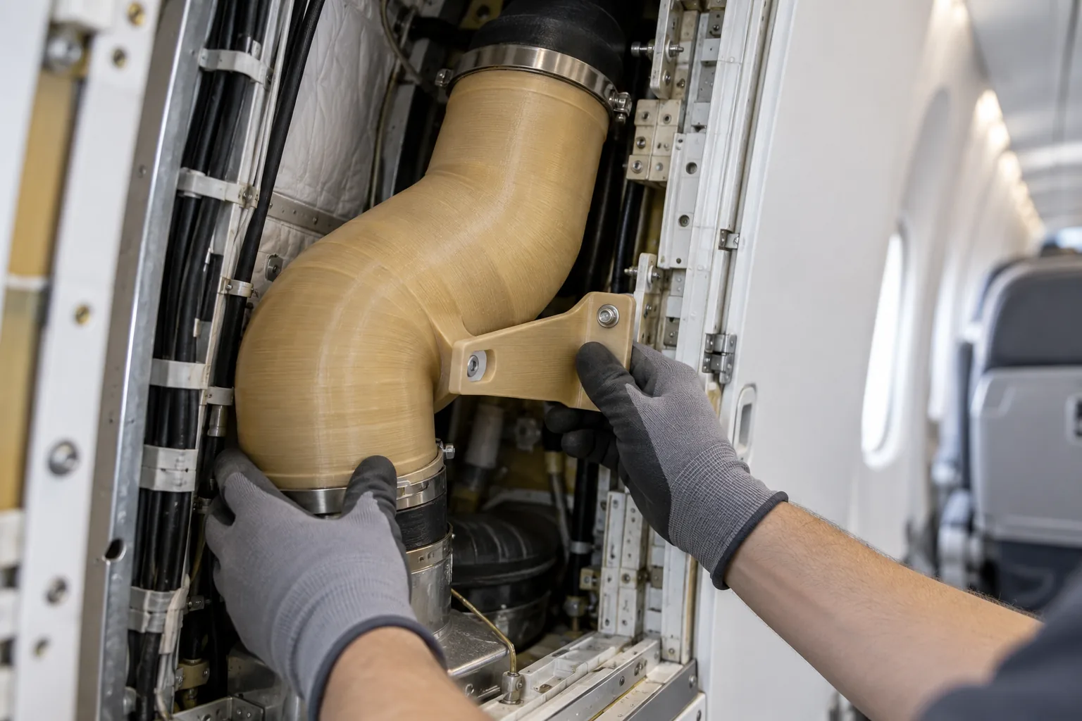 Amber FDM Antero 800NA duct fitted behind an aircraft cabin panel