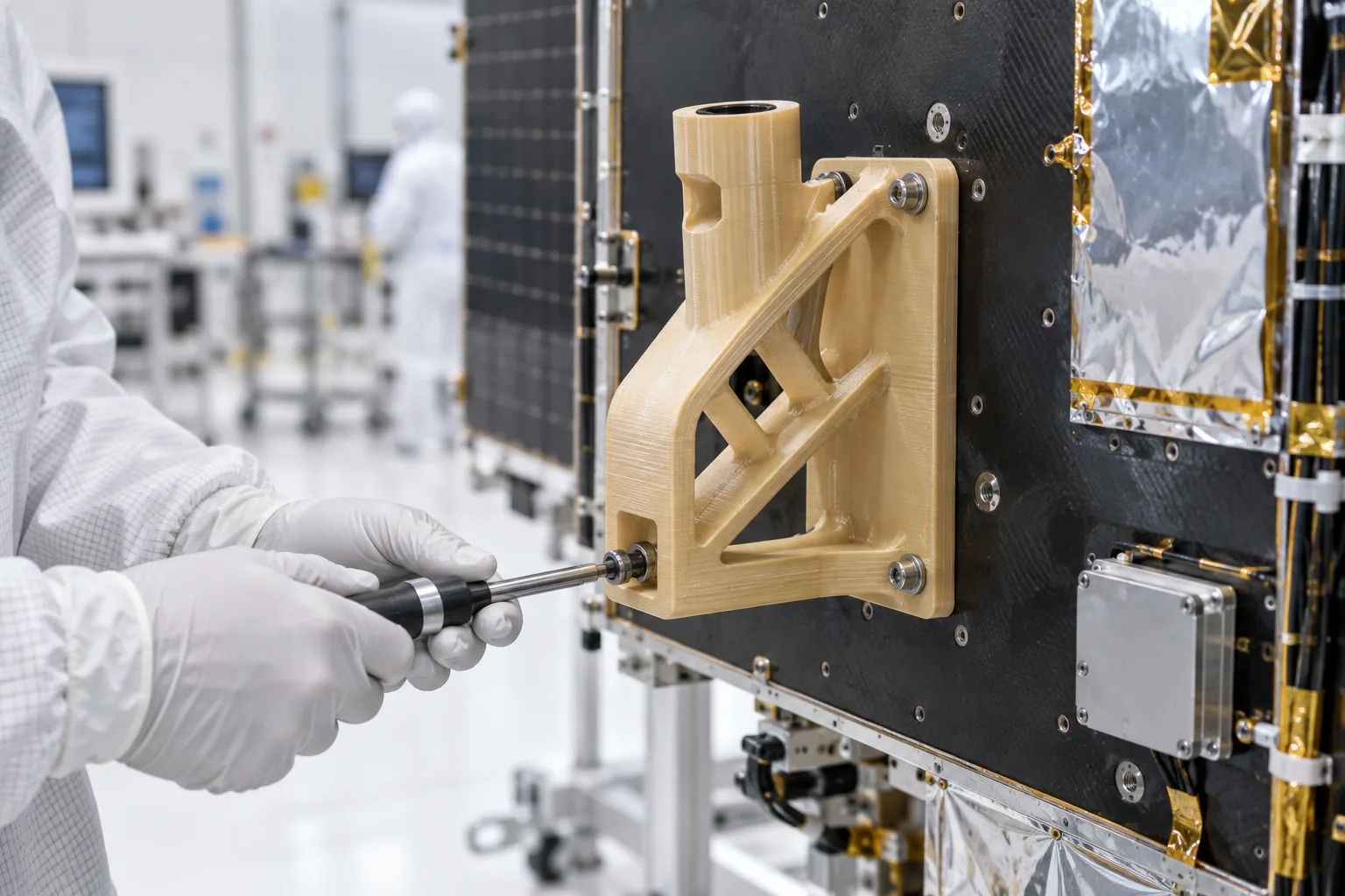 Amber FDM Antero 800NA instrument bracket on a satellite panel in a clean room