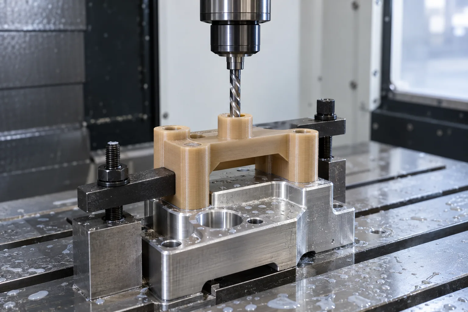 Amber FDM Antero 800NA drill guide in a machining cell