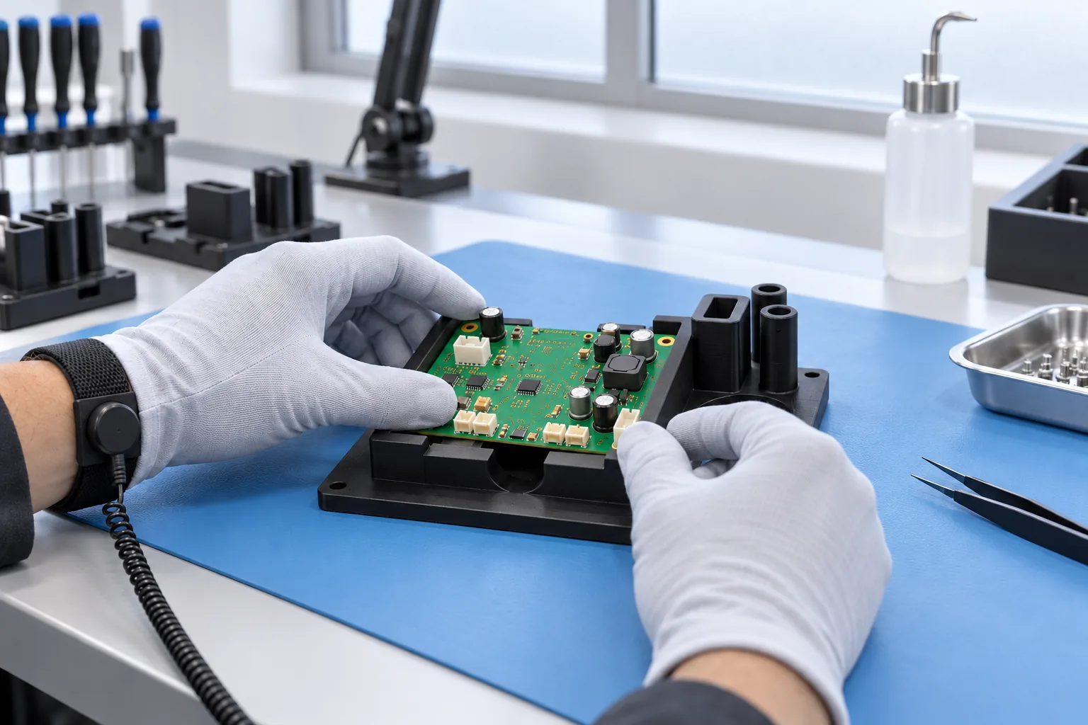 A black printed ESD jig tray holding a circuit board on a blue anti-static mat at an electronics assembly workstation