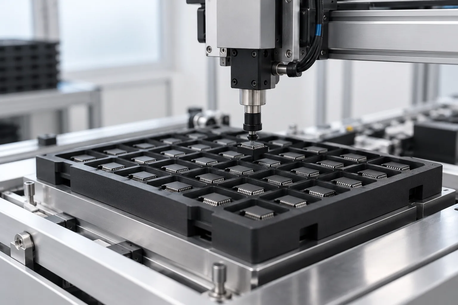 A black printed ESD component tray with precise pockets loaded with small chips under the head of a generic pick-and-place machine in a clean electronics line