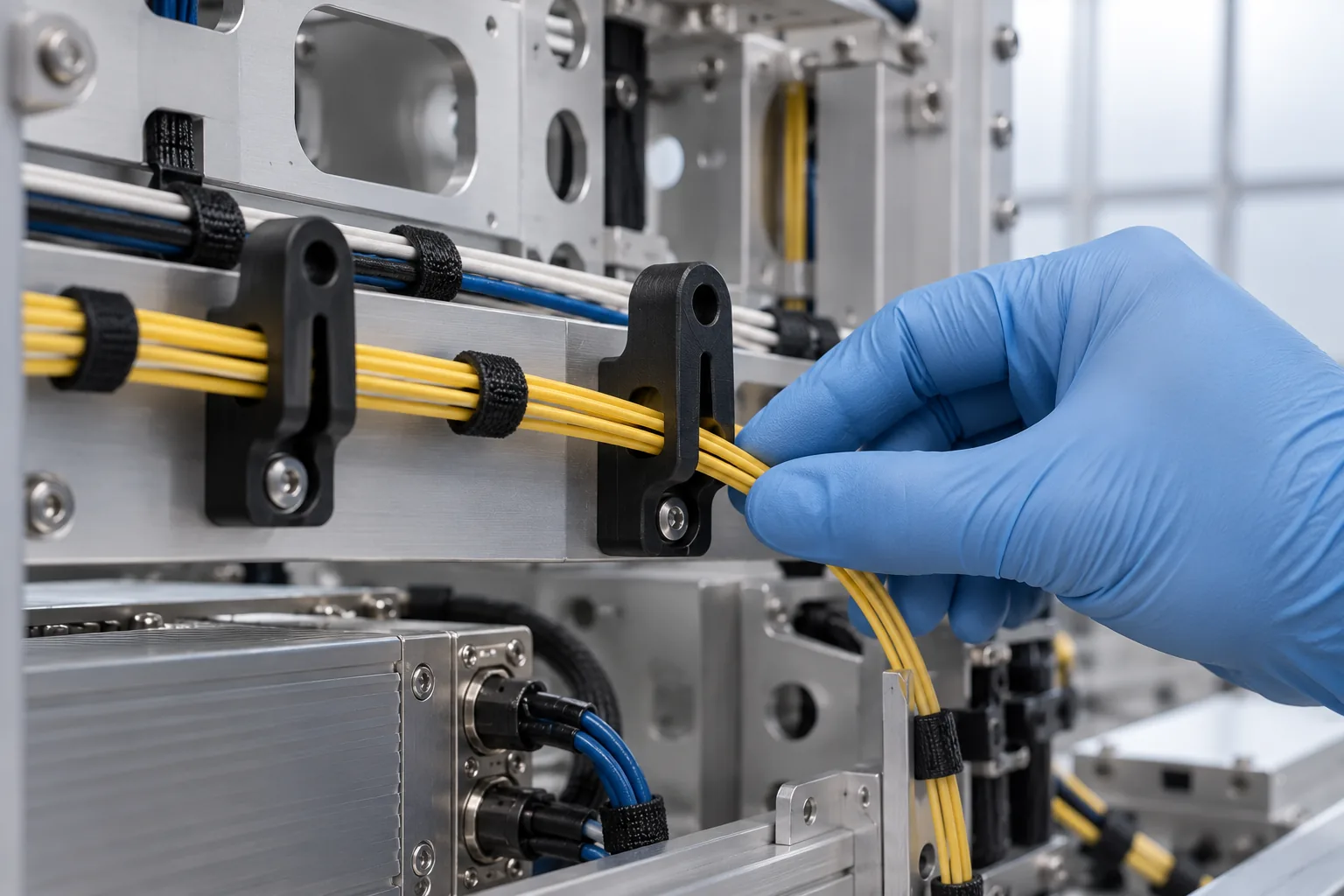 Black printed ESD cable clips and guides routing fine fibre-optic cables inside a clean aircraft avionics bay mock-up