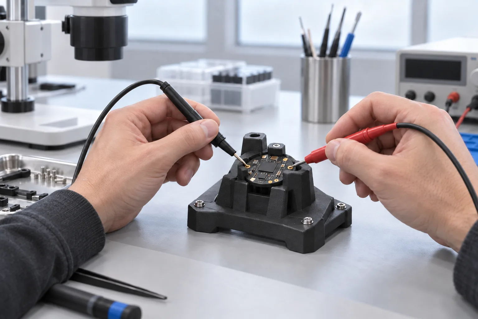 A black printed ESD fixture holding a small wearable-sensor circuit board while test probes touch its pads on a bright medical-electronics assembly bench