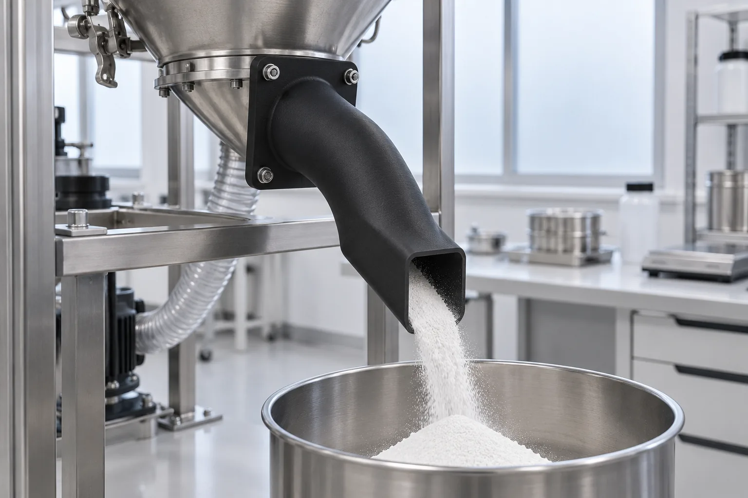 A black printed ESD flanged tube and chute fitted to a powder-handling station in a clean lab, fine white powder flowing freely through it into a collection bin