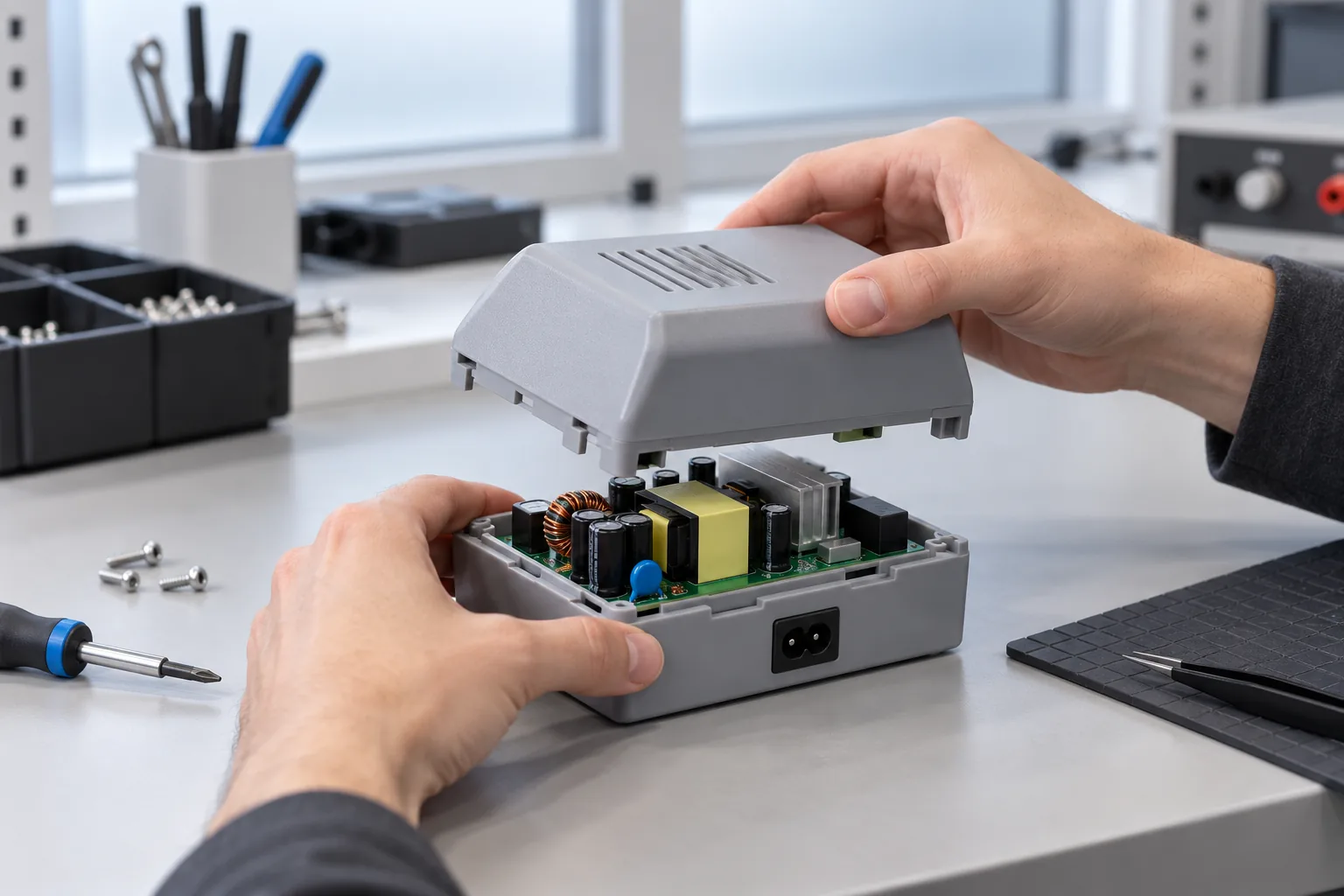 A mid-grey printed flame-retardant charger enclosure being closed over a power-electronics board on an electronics bench, vents and snap features crisp