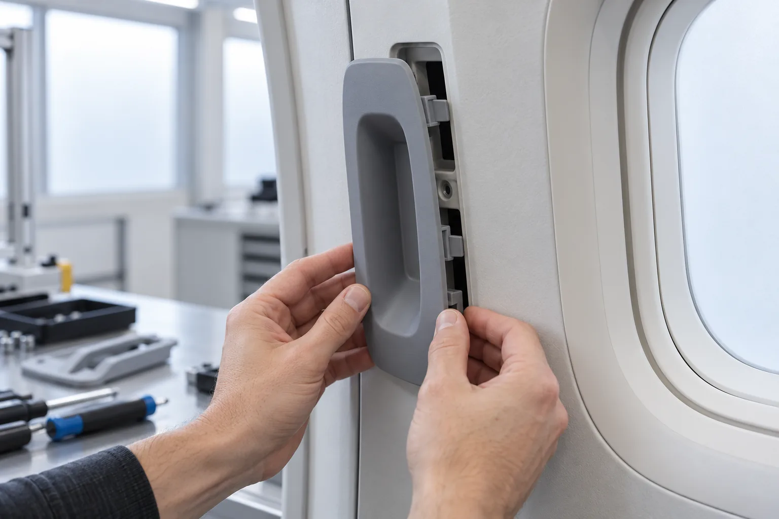 A mid-grey printed trim bezel and clip being fitted to a generic aircraft cabin sidewall mock-up in a bright interiors workshop