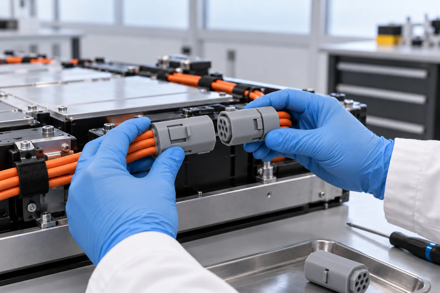 Mid-grey printed connector housings mated to an orange high-voltage wiring harness beside a generic EV battery module in a clean battery lab