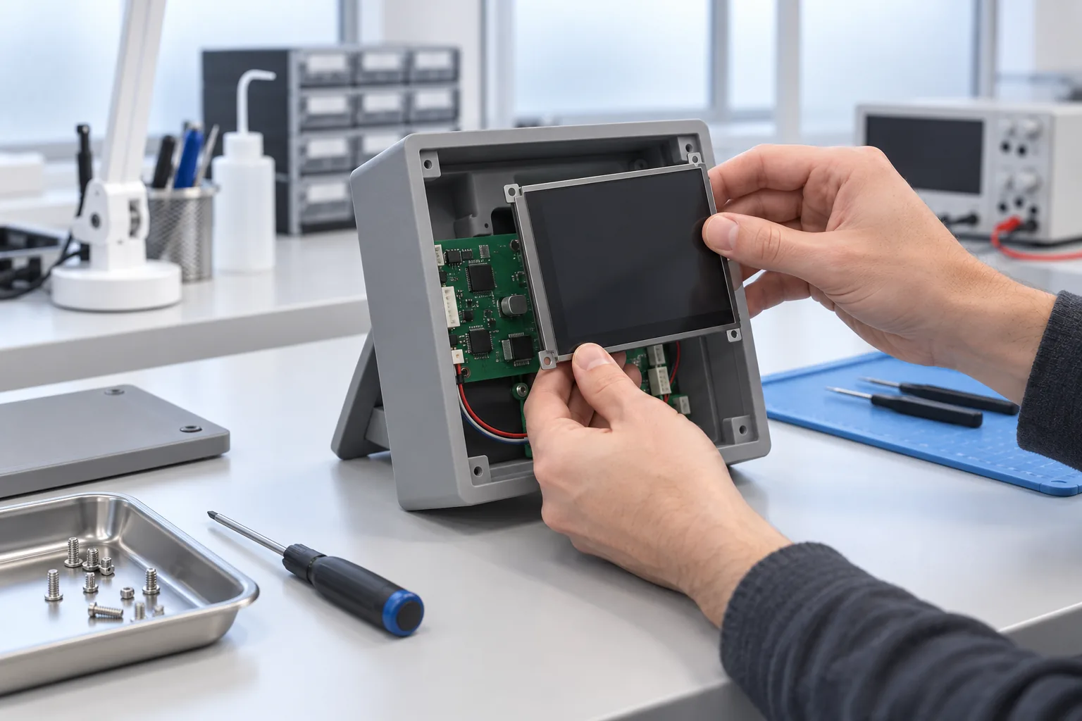 A mid-grey printed enclosure frame for a generic powered medical control unit