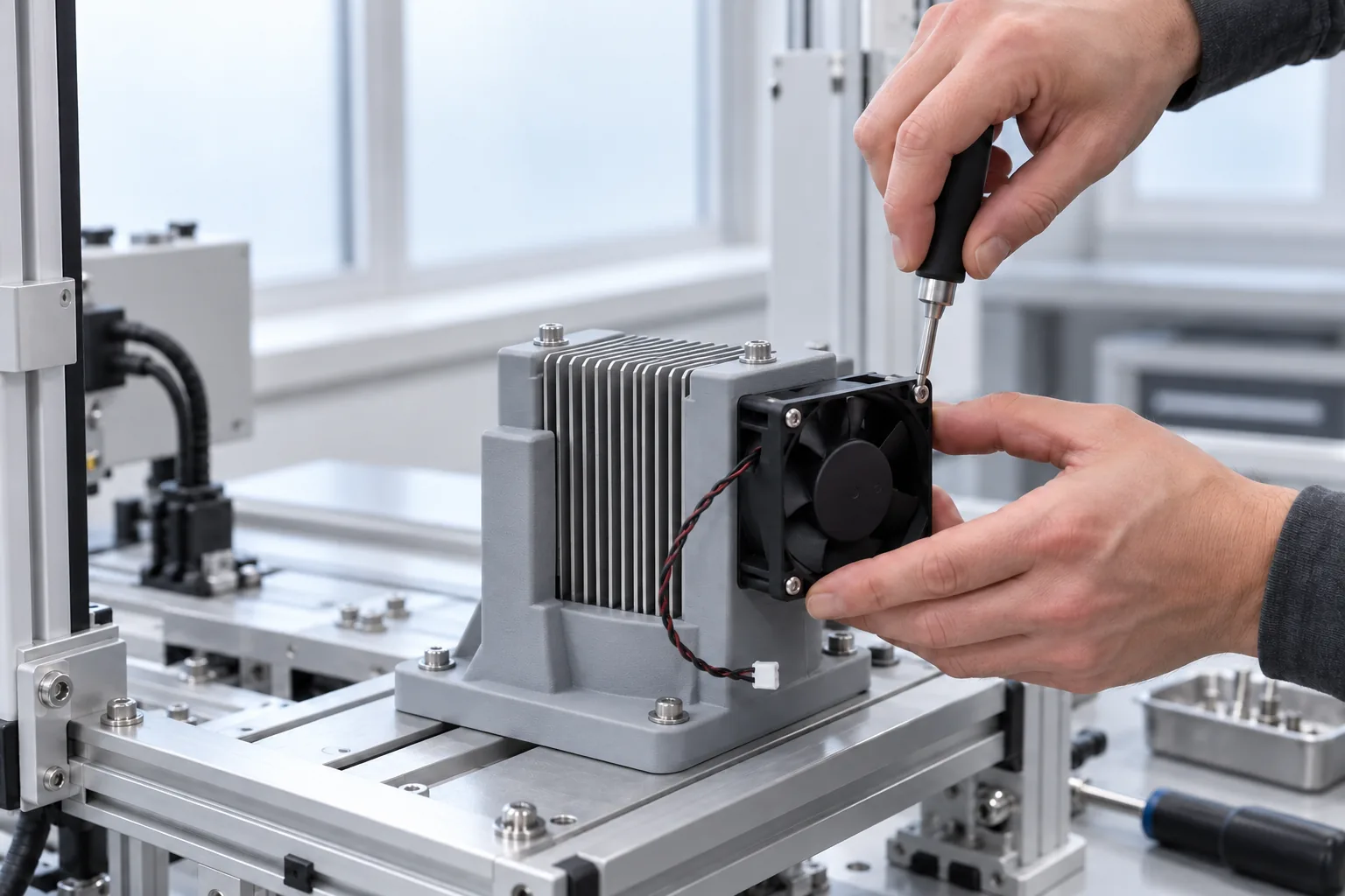 A technician screwing a small fan onto a mid-grey printed heater holder mounted on an industrial heating test rig in a clean maintenance workshop