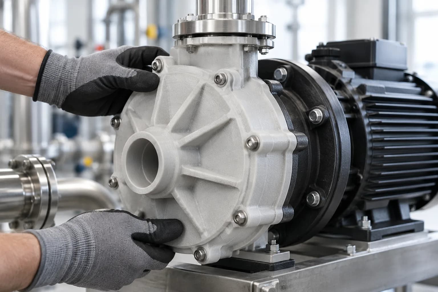 Glass-filled SLS nylon pump housing cover on an industrial pump