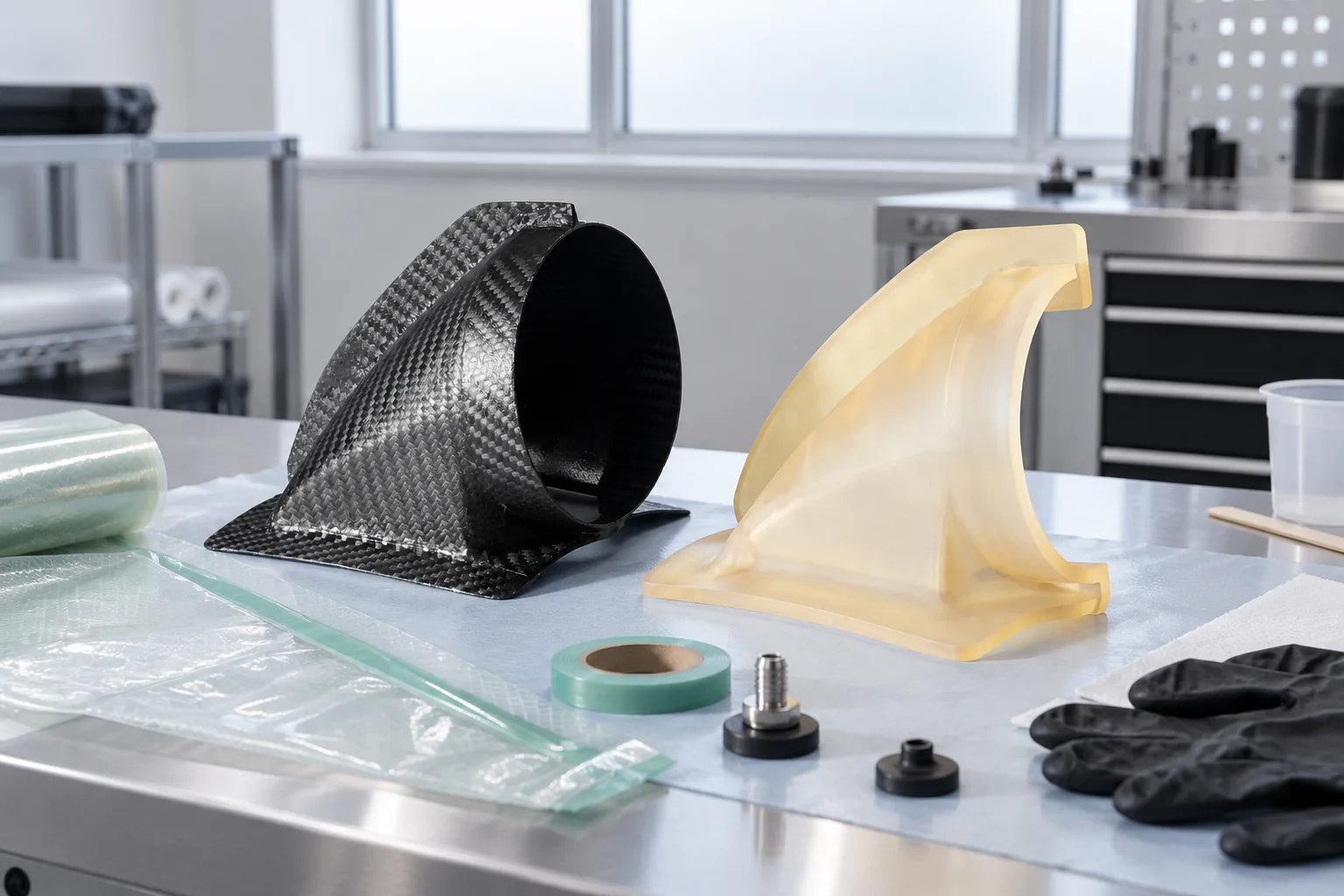 A translucent amber printed layup mould beside the carbon-fibre duct just demoulded from it, on a clean composites bench next to vacuum-bagging materials