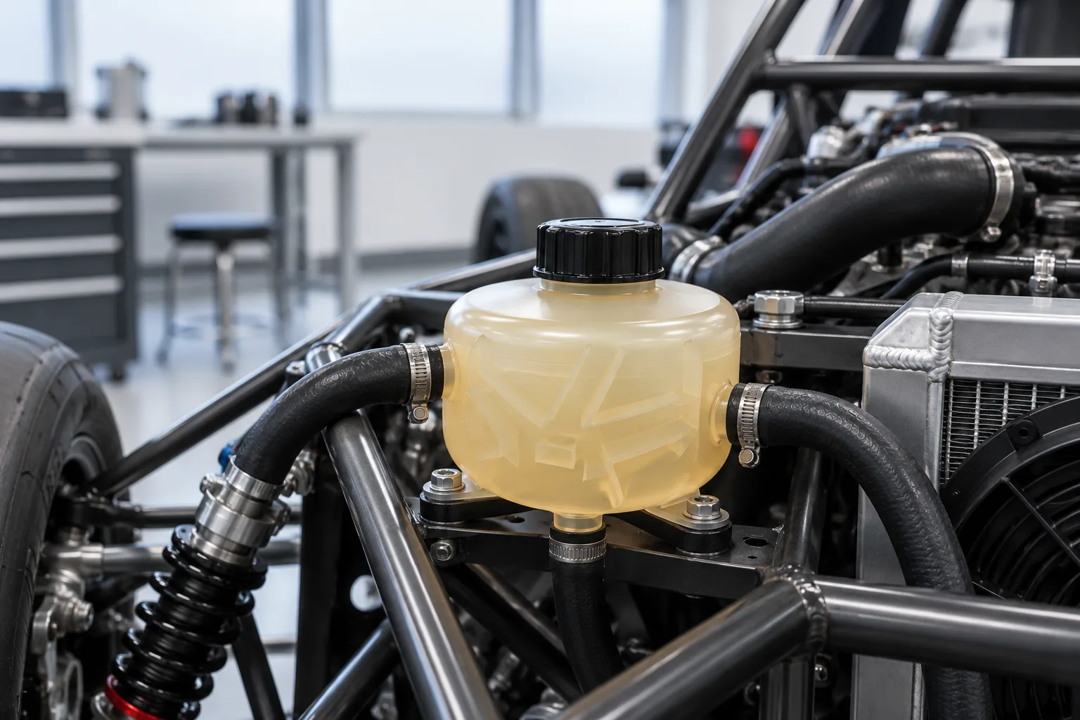 A translucent amber printed coolant tank prototype fitted in the engine bay of a generic student race car in a clean workshop, hoses connected