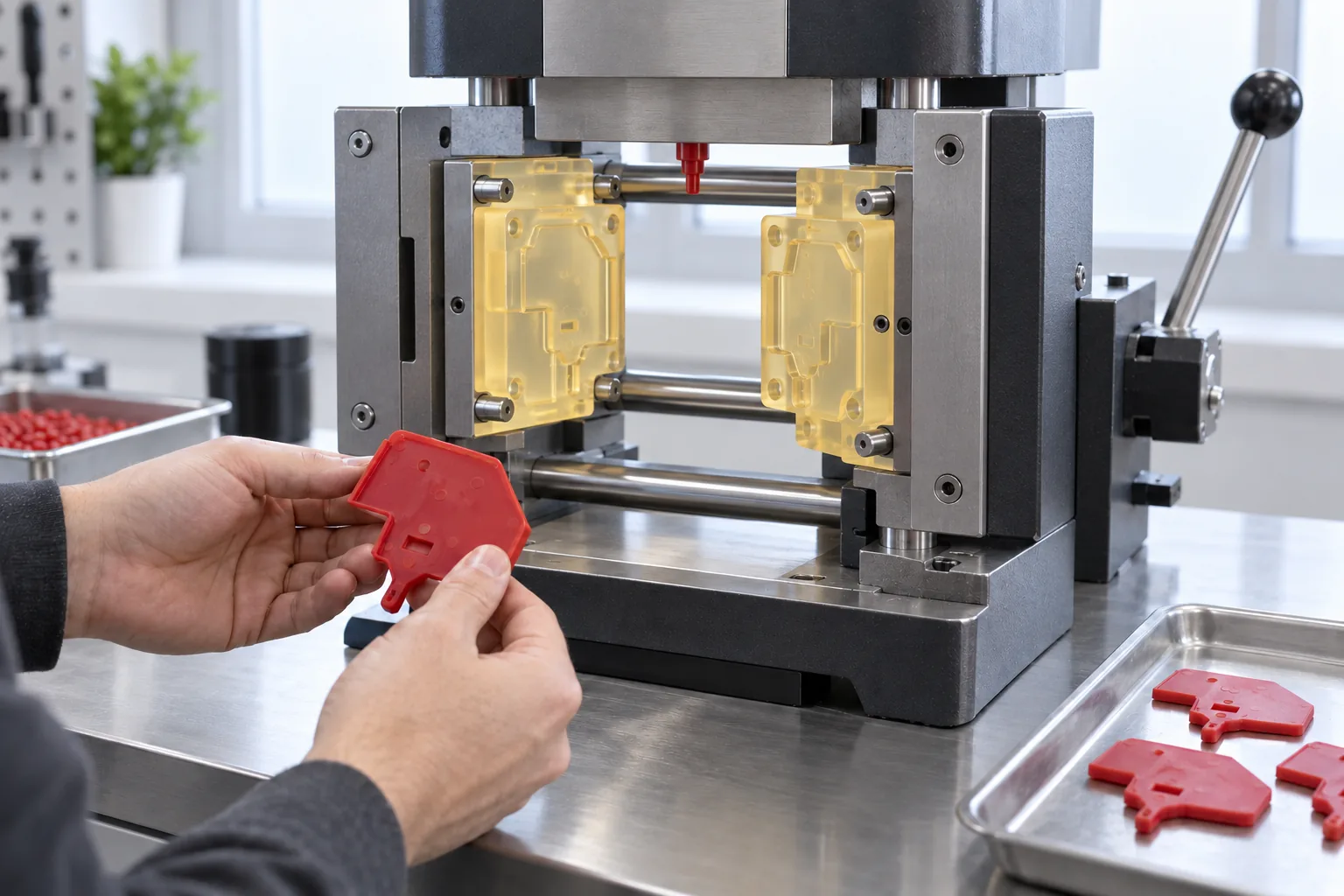 A pair of translucent amber printed mould inserts mounted in a small benchtop injection-moulding press