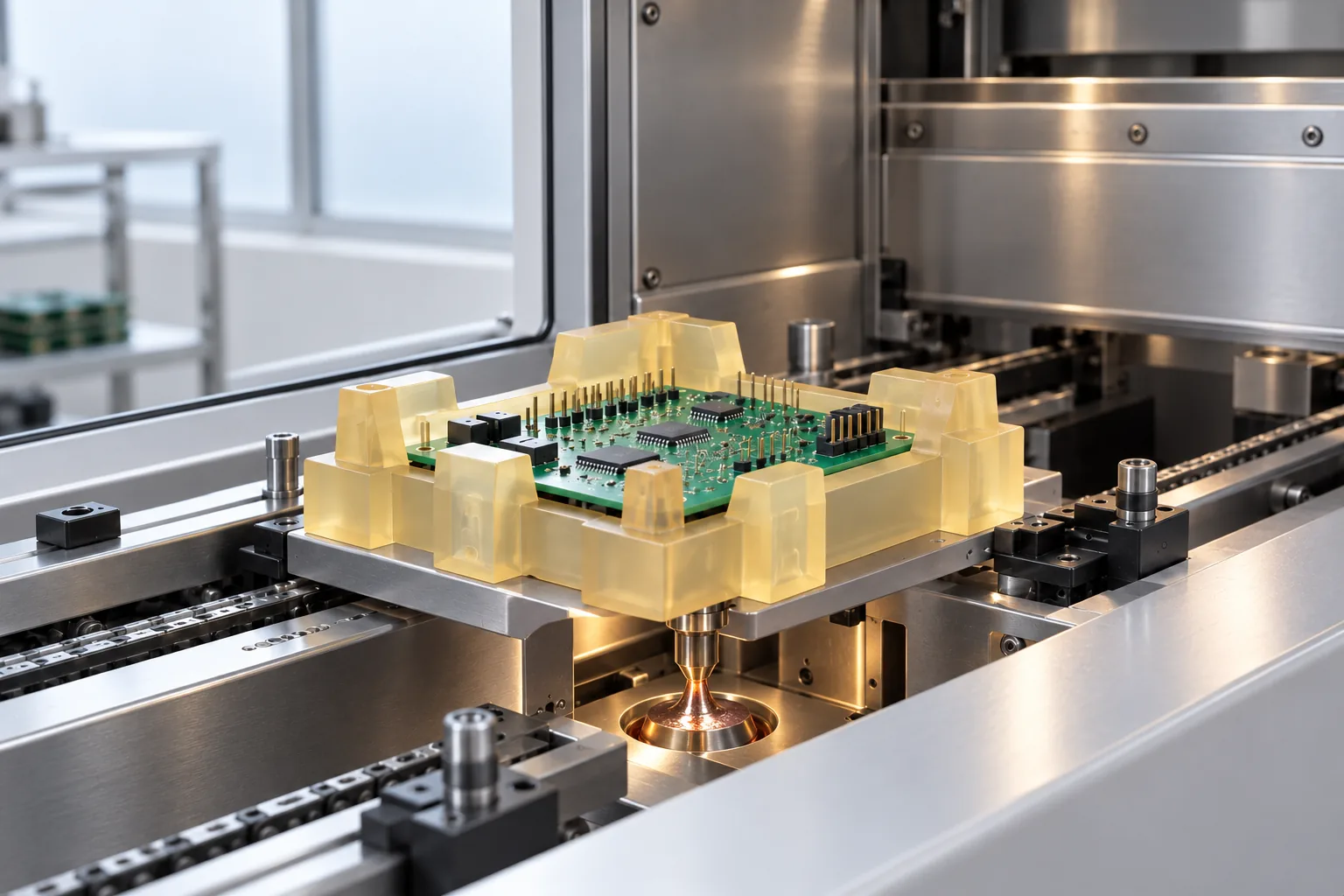 A translucent amber printed masking fixture holding a circuit board as it enters a selective soldering station on an electronics line