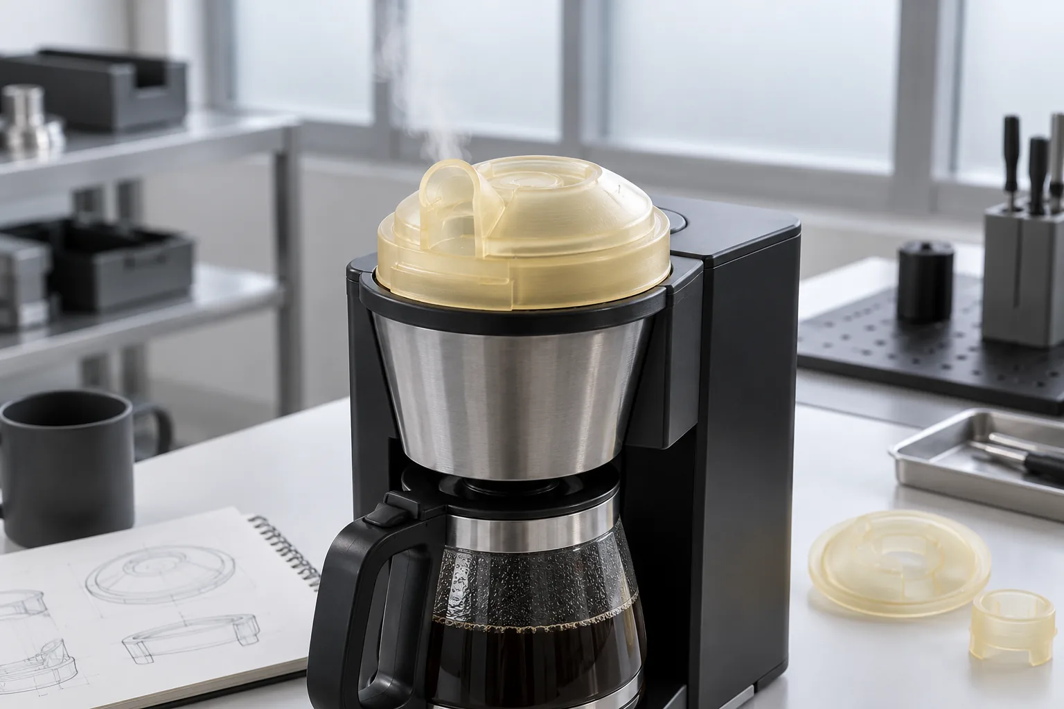 A translucent amber printed coffee-maker lid prototype fitted on a generic prototype coffee machine on a design bench, light steam rising from the brew head