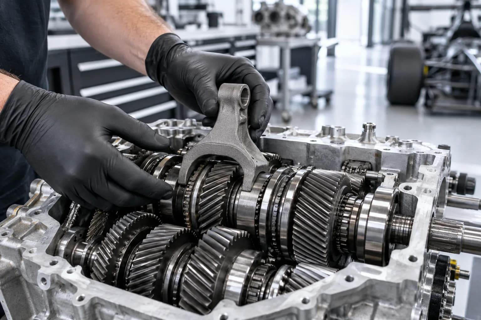 DMLS maraging steel selector fork in a race gearbox