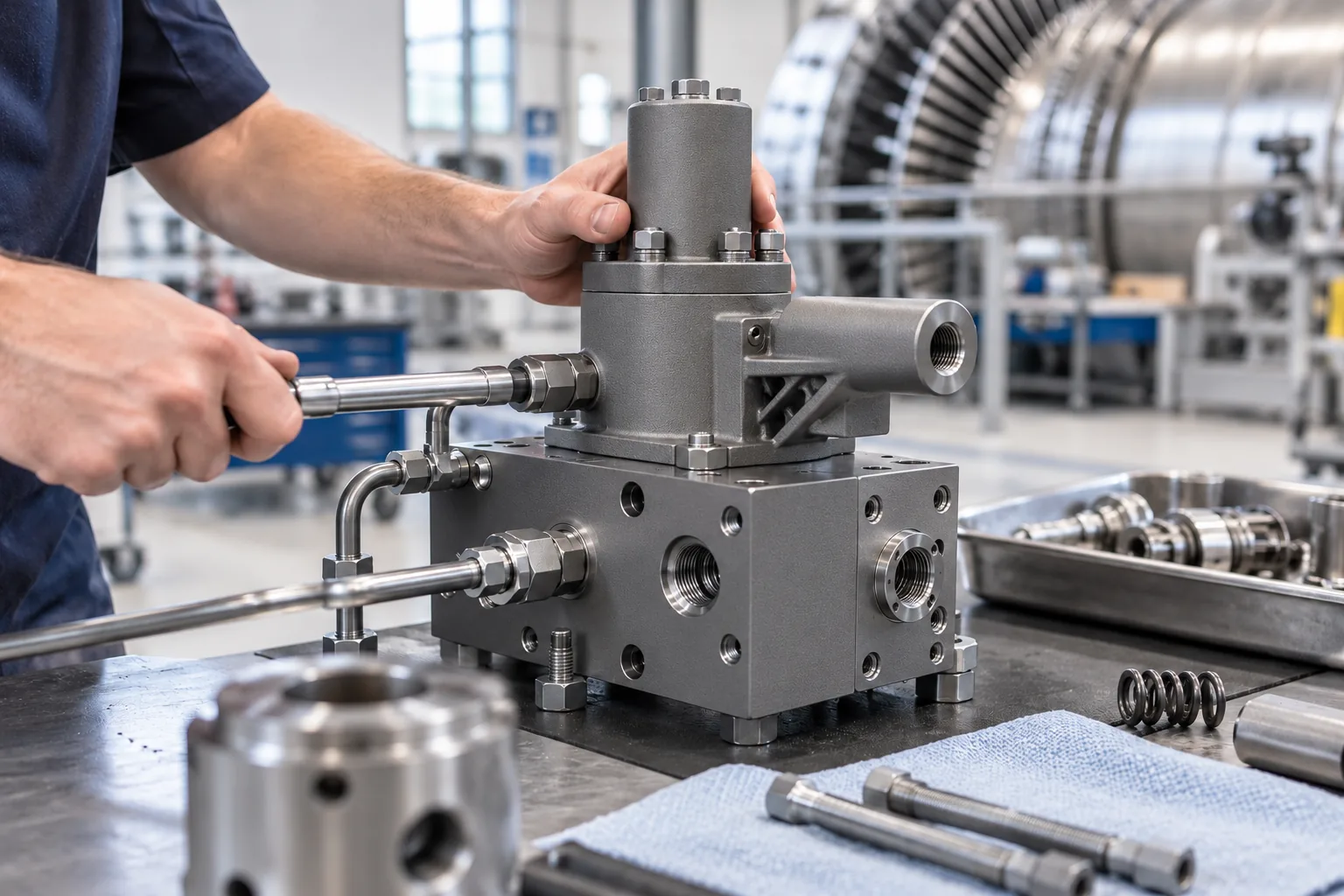 DMLS maraging steel valve component on a maintenance bench