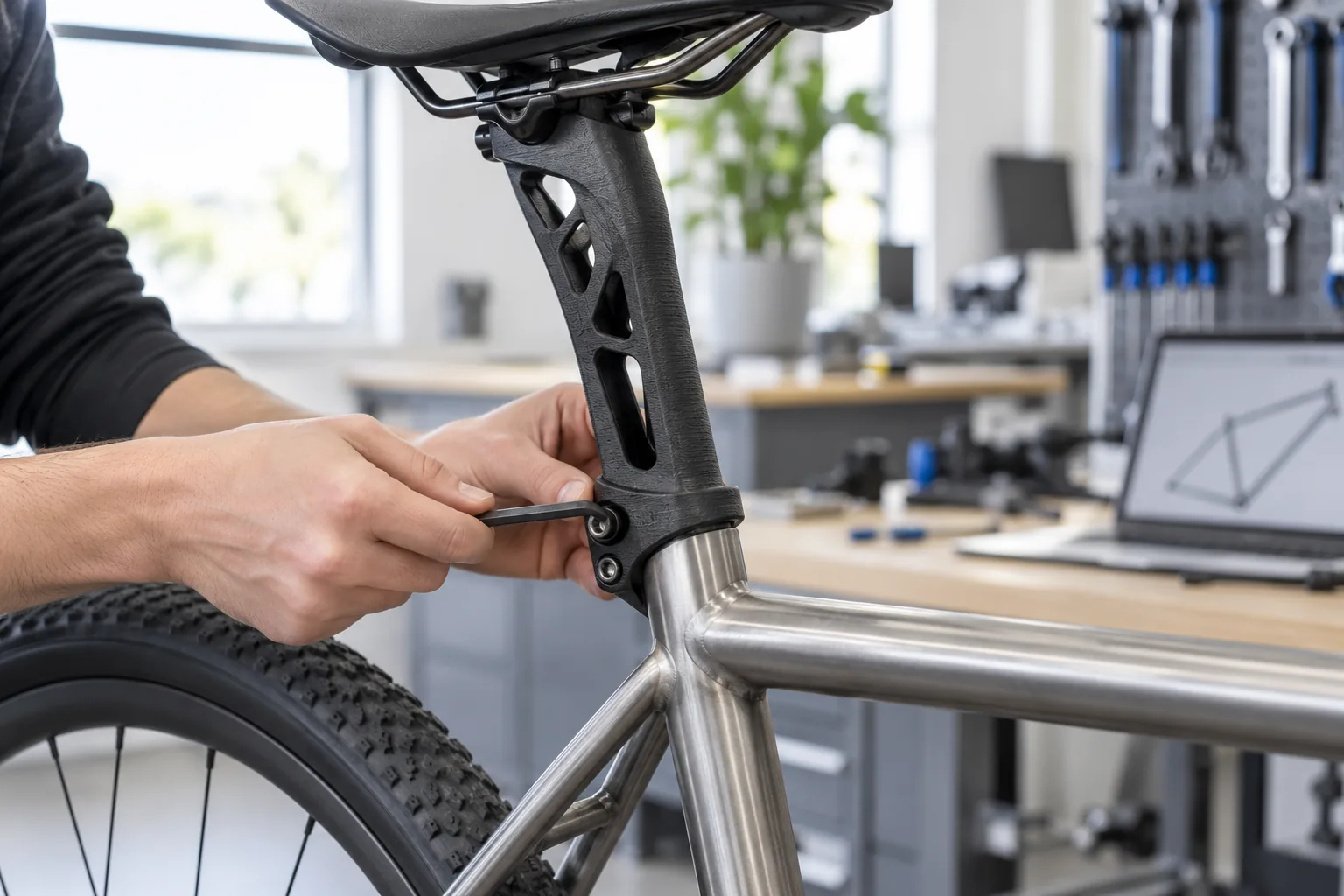 Hand tightening a black carbon fiber nylon seat-post clamp on a bicycle frame