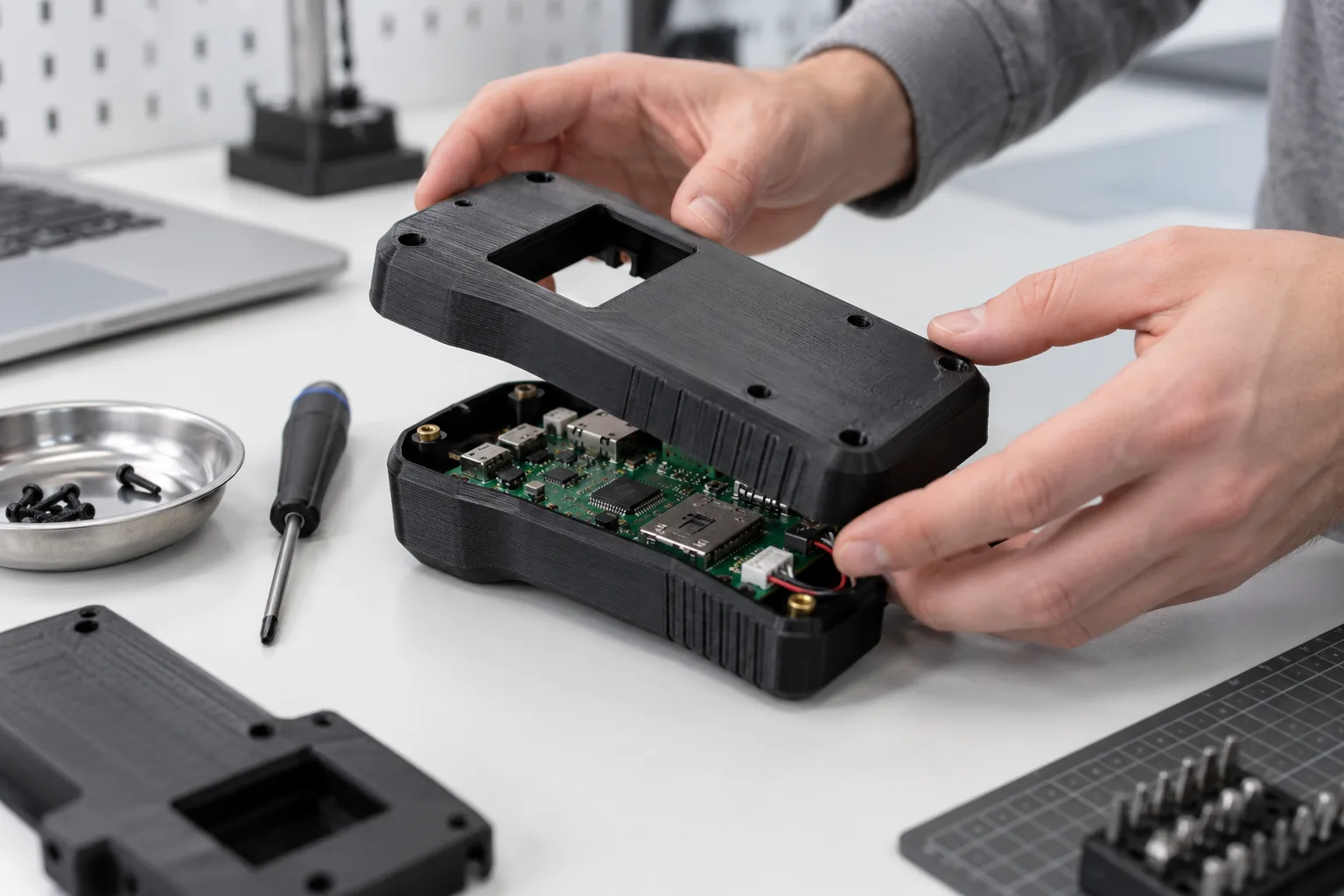 Black FDM PC-ABS handheld device housing being assembled