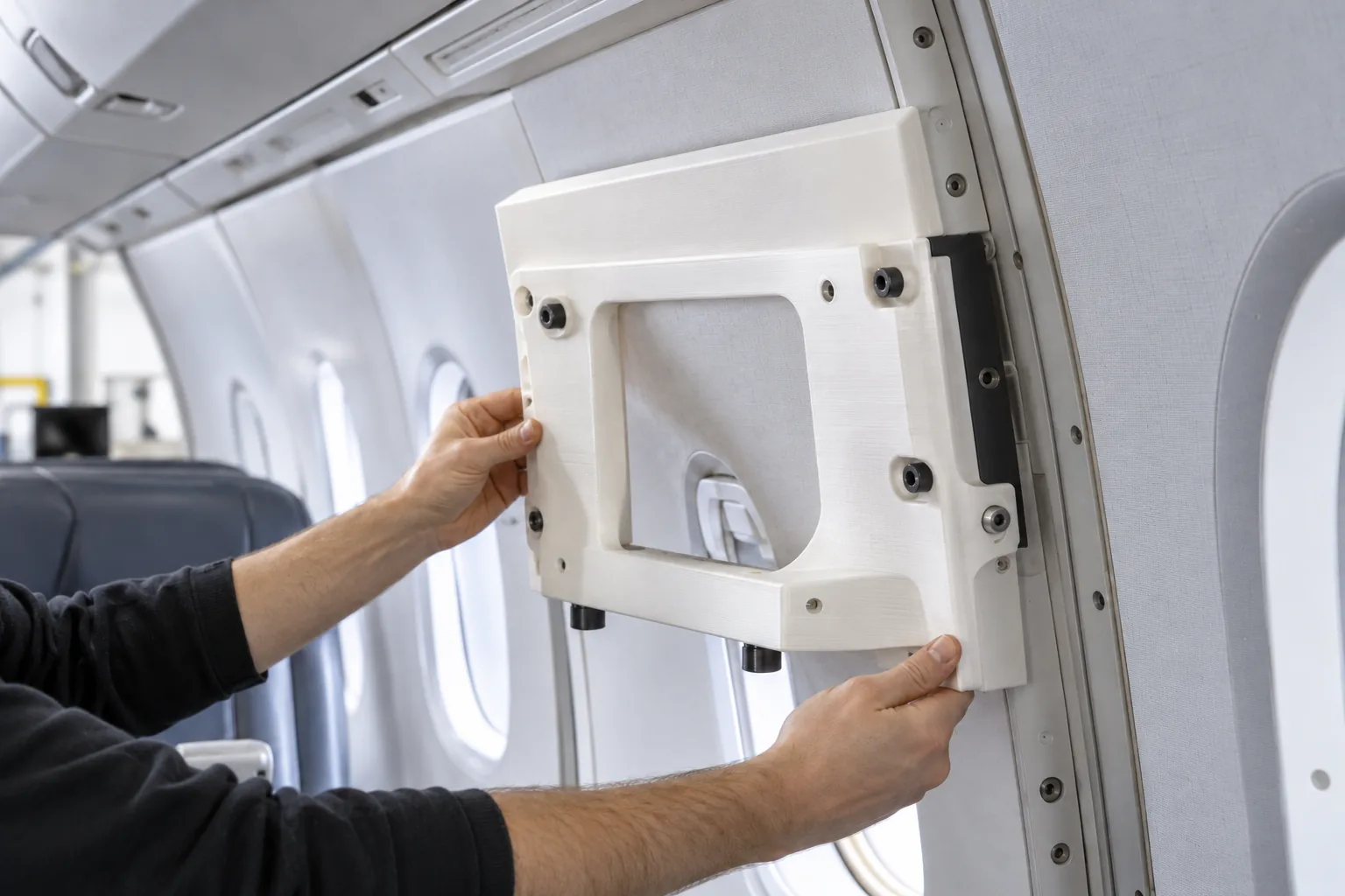 White FDM polycarbonate fit-check panel on an aircraft cabin mock-up