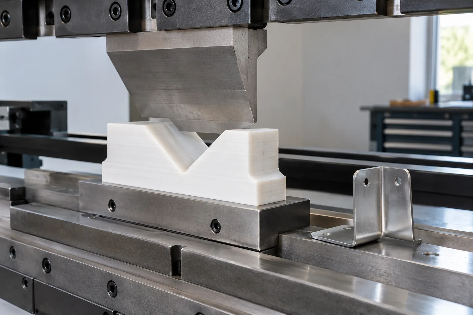 White FDM polycarbonate forming die on a press brake