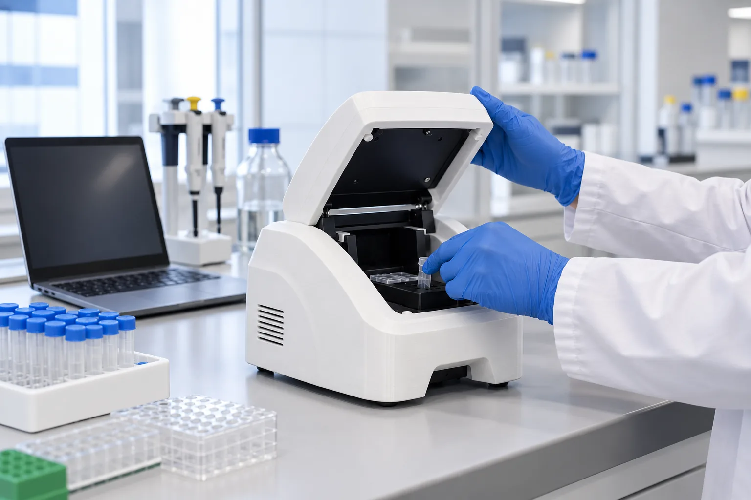 White FDM polycarbonate diagnostic housing on a lab bench