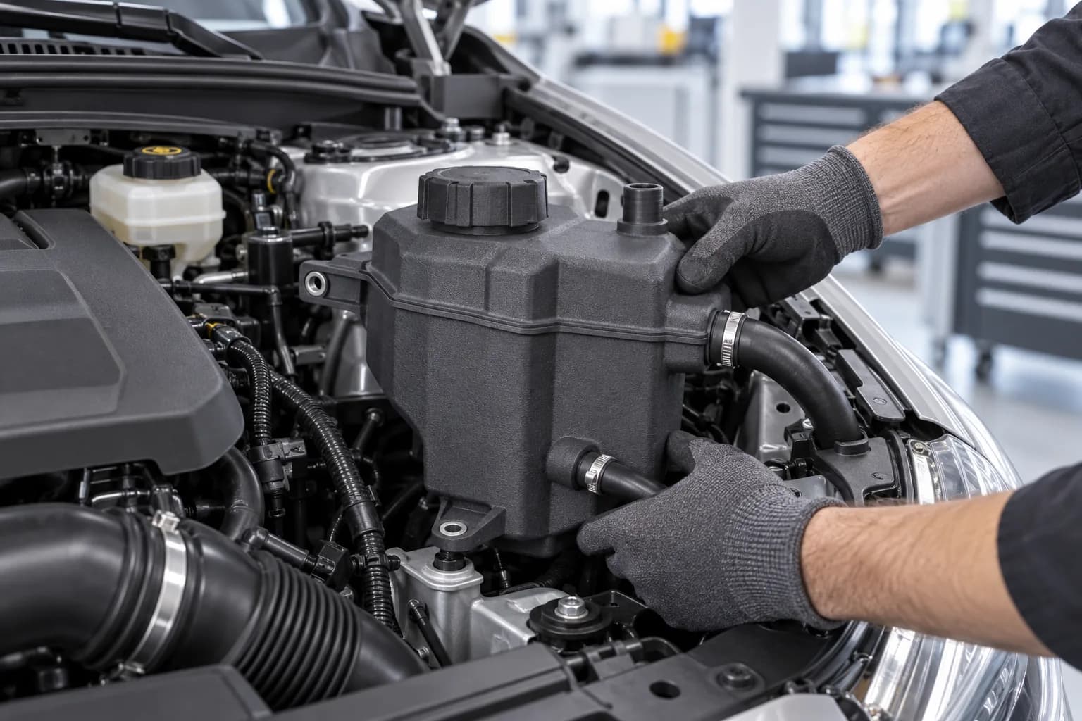 MJF polypropylene fluid reservoir with a welded seam being fitted in a car engine bay