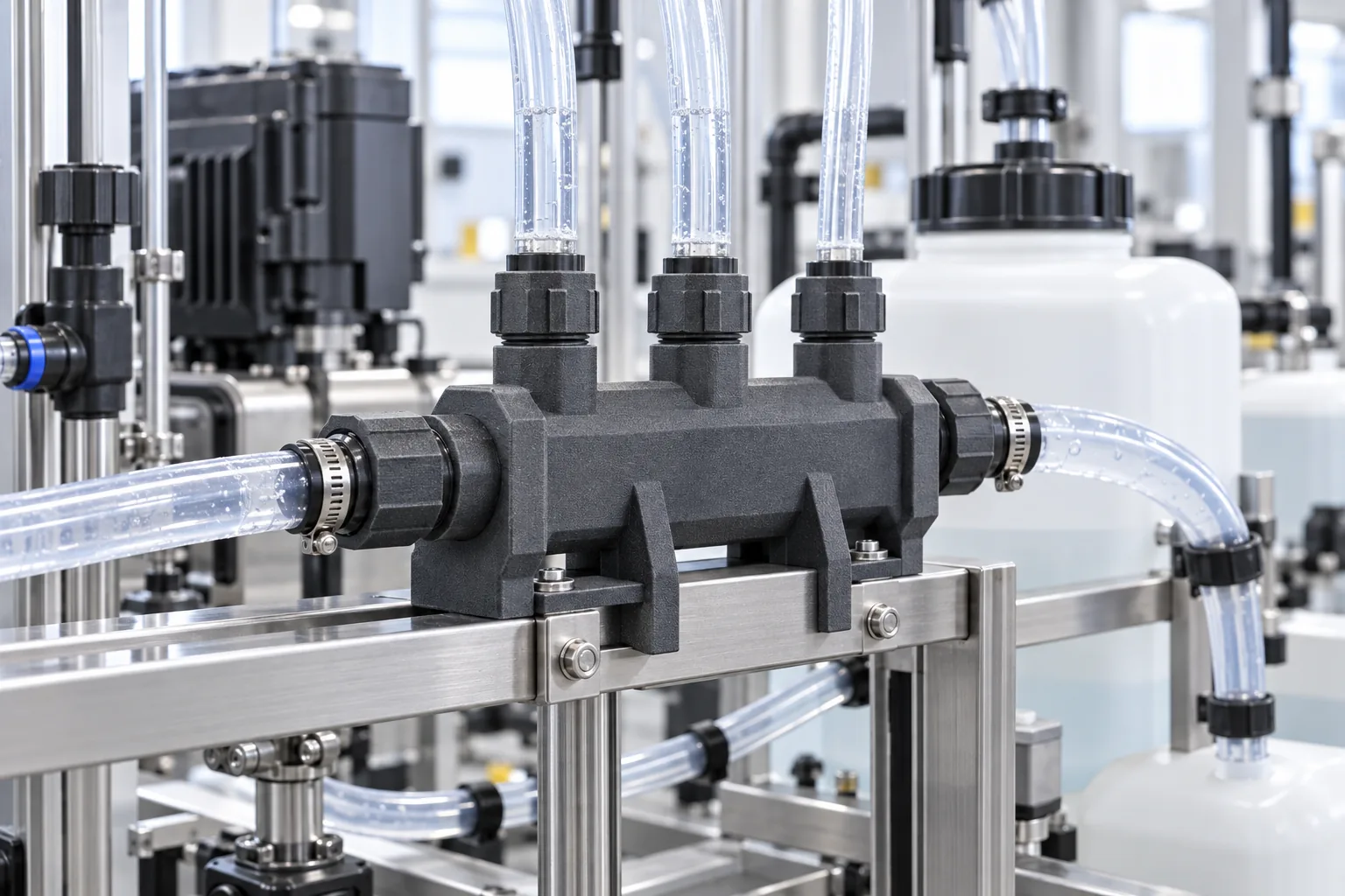 MJF polypropylene manifold plumbed into a water treatment skid