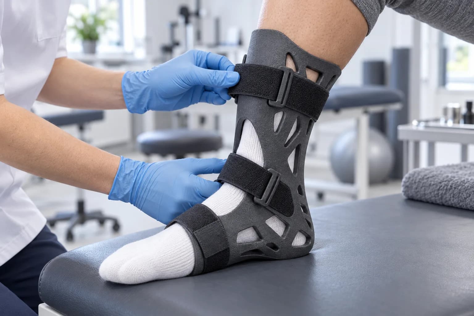 MJF polypropylene orthosis with ventilation cut-outs on a clinic bench