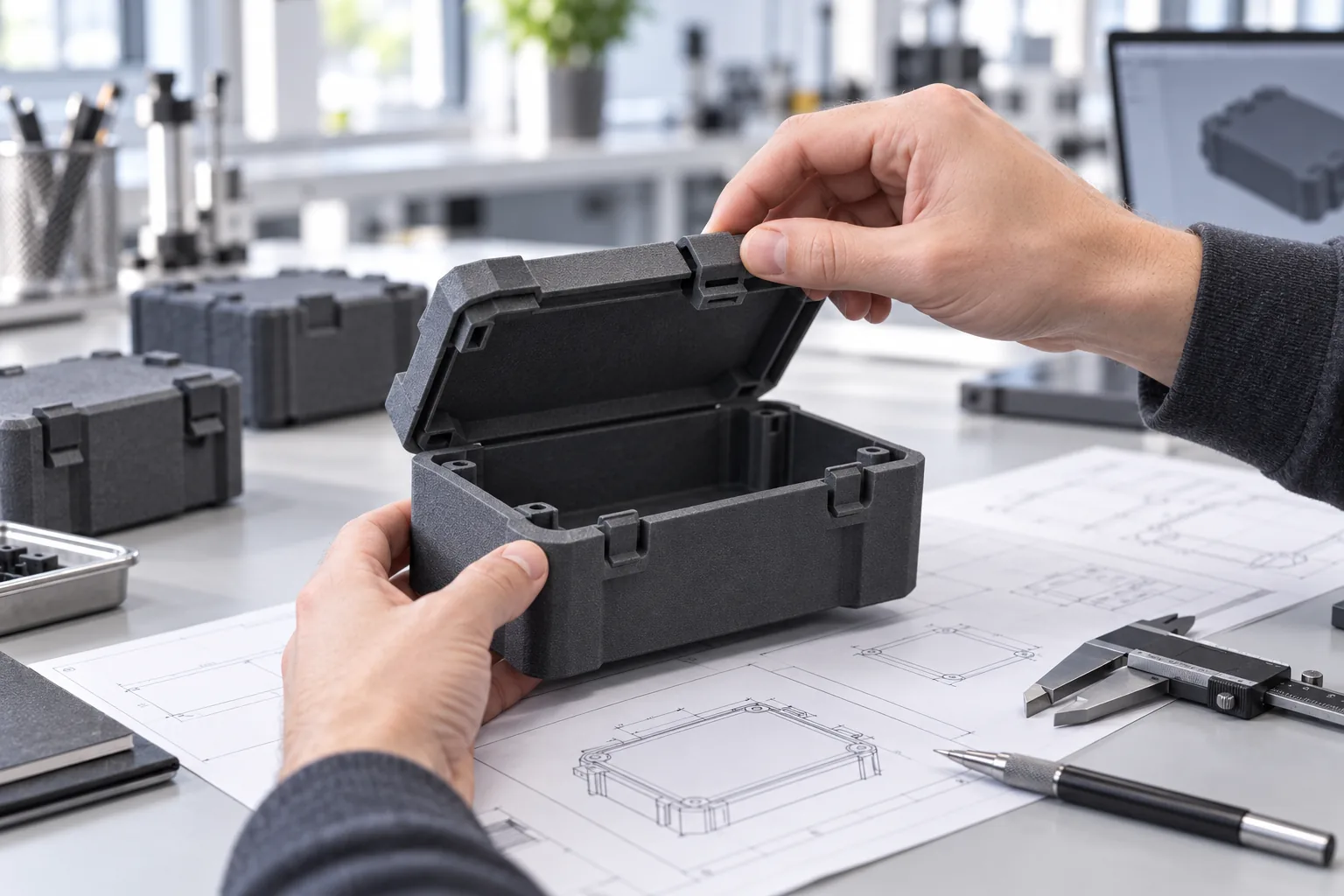 MJF polypropylene snap-fit container prototype on a design bench