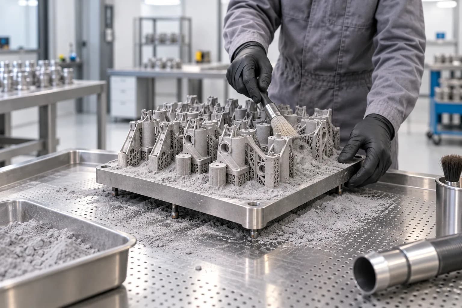 DMLS metal parts on a build plate being cleared of powder