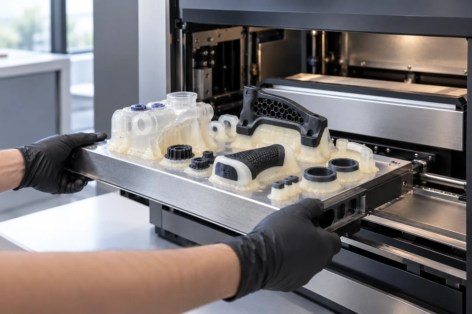 Multi-material PolyJet parts on a print tray