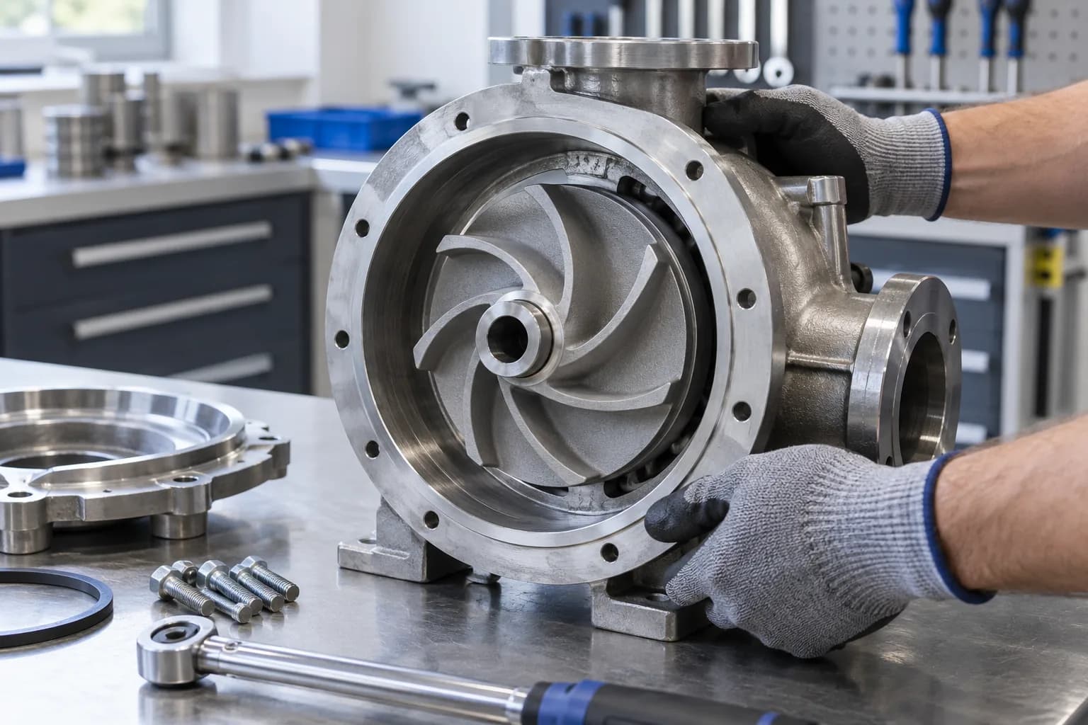 DMLS 17-4 PH pump impeller fitted into a pump casing
