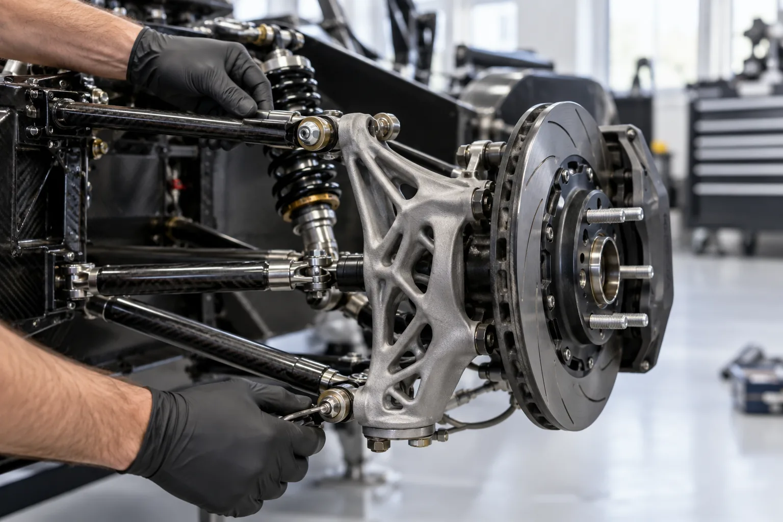 DMLS titanium suspension upright on a race car