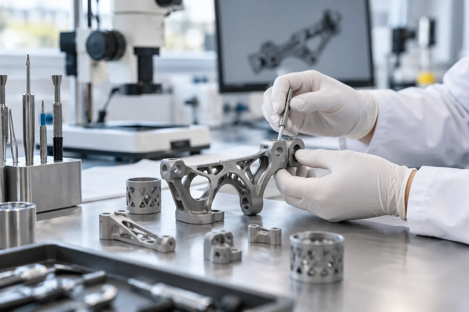 DMLS titanium instrument components on a lab bench