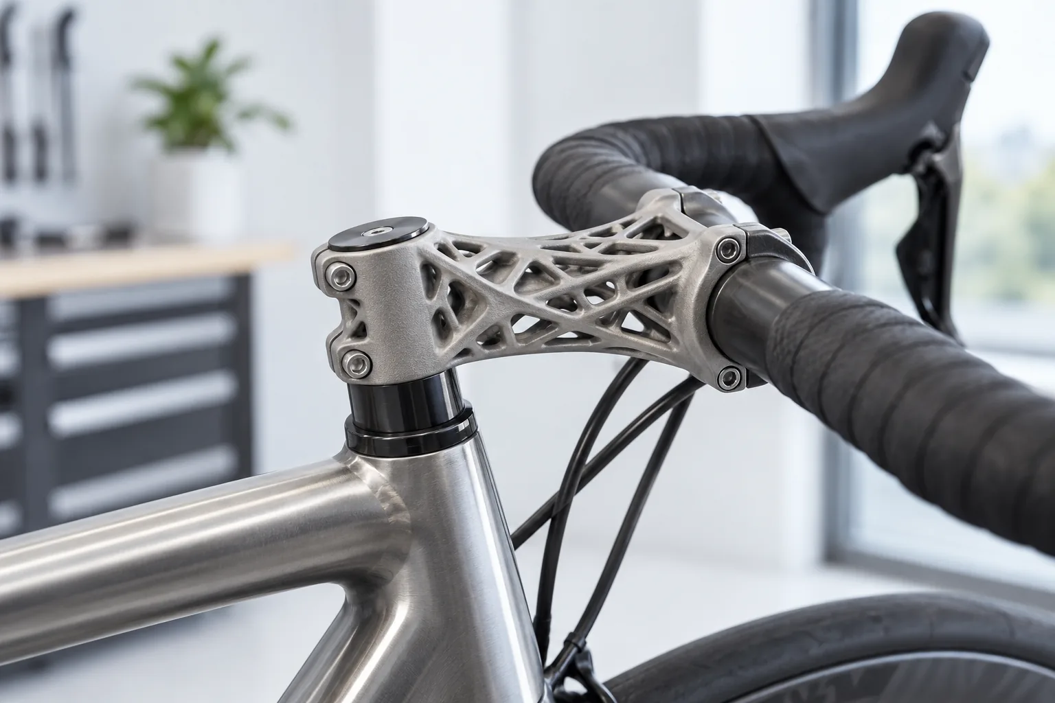 DMLS titanium lattice bicycle stem on a road bike