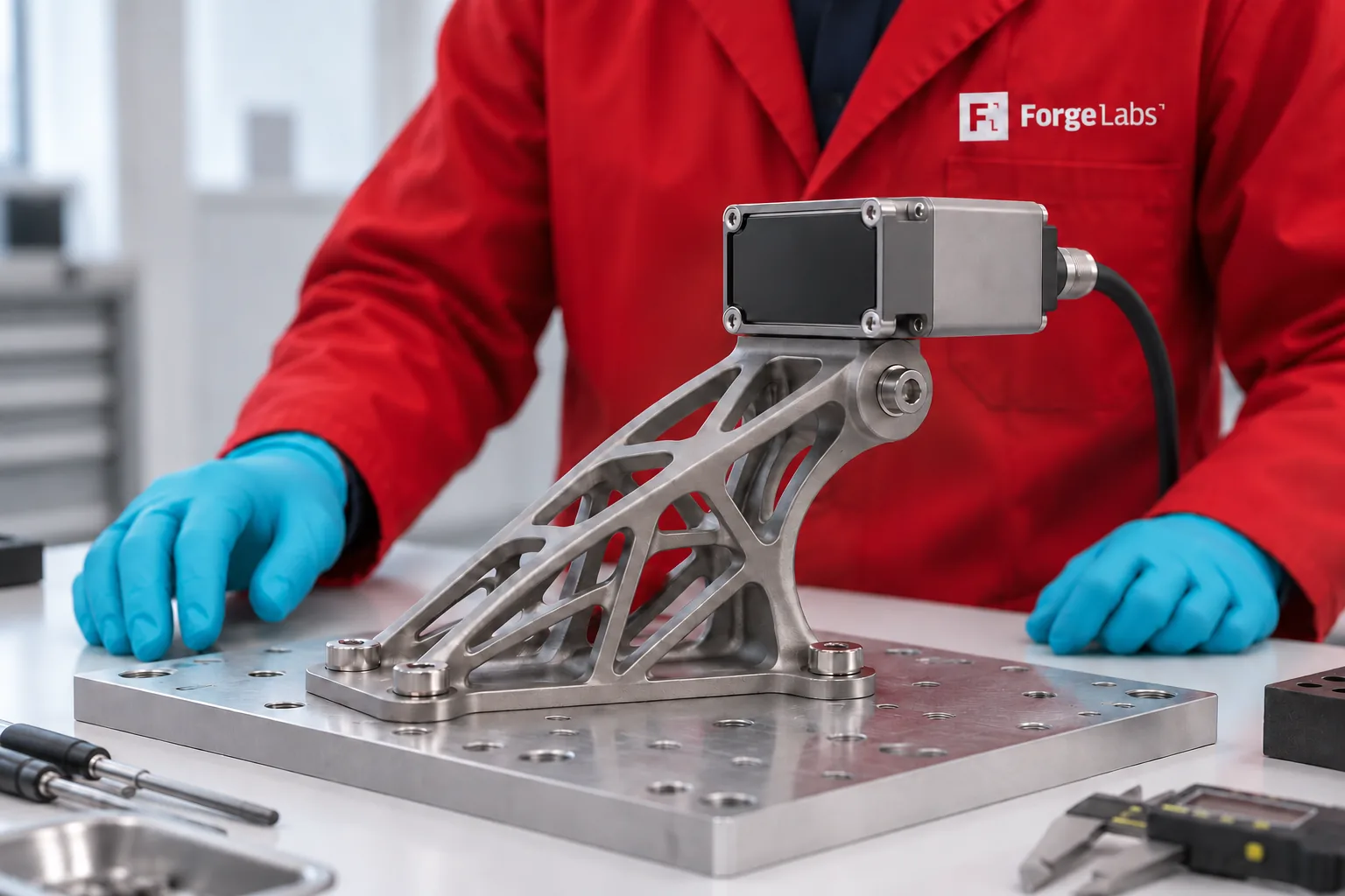 Topology-optimized titanium bracket supporting a sensor housing, with a technician in a red Forge Labs coat behind it