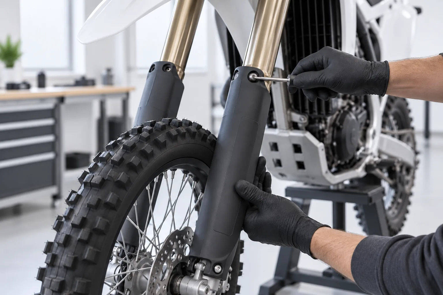 A pair of dark grey printed fork guards being bolted onto the front suspension fork of a generic electric dirt bike on a clean workshop stand