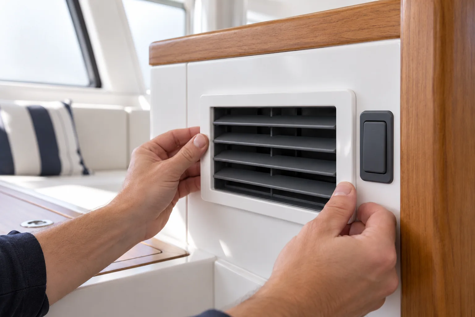 A printed air-conditioning vent and switch bezel, painted to match a white yacht interior, being pressed into a cabin wall panel beside satin teak trim