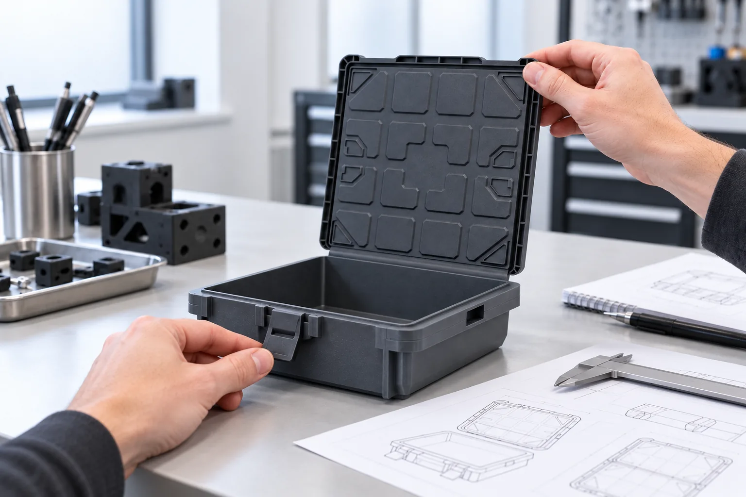 A dark grey printed utility-case prototype on a product design bench, a hand flexing its lid open on a living hinge while the snap latch springs back