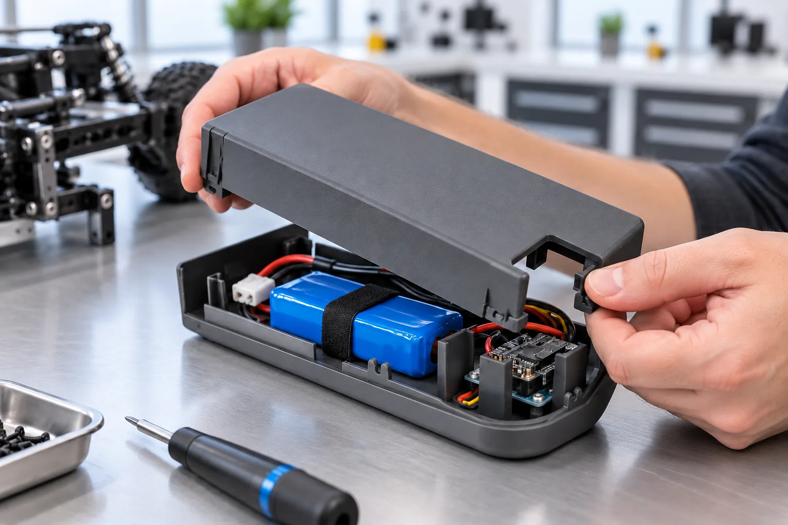 Hands snapping a dark grey printed enclosure lid onto a battery and electronics tray on a robotics workbench, one cantilever snap clip visibly deflecting as it engages