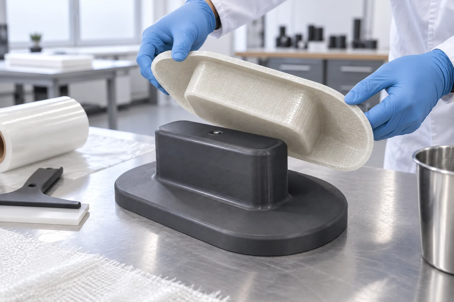 A black printed composite layup tool on a clean composites shop bench with a freshly laid fibreglass part being lifted off it by gloved hands