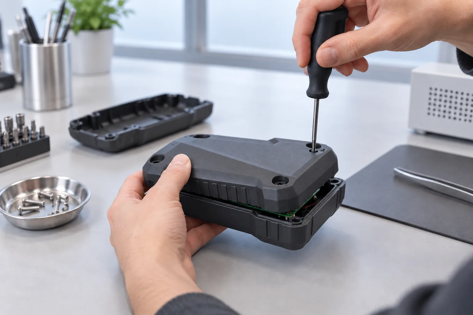 Dark grey printed housing halves for a generic handheld electronic device being screwed together around a circuit board on a product design bench