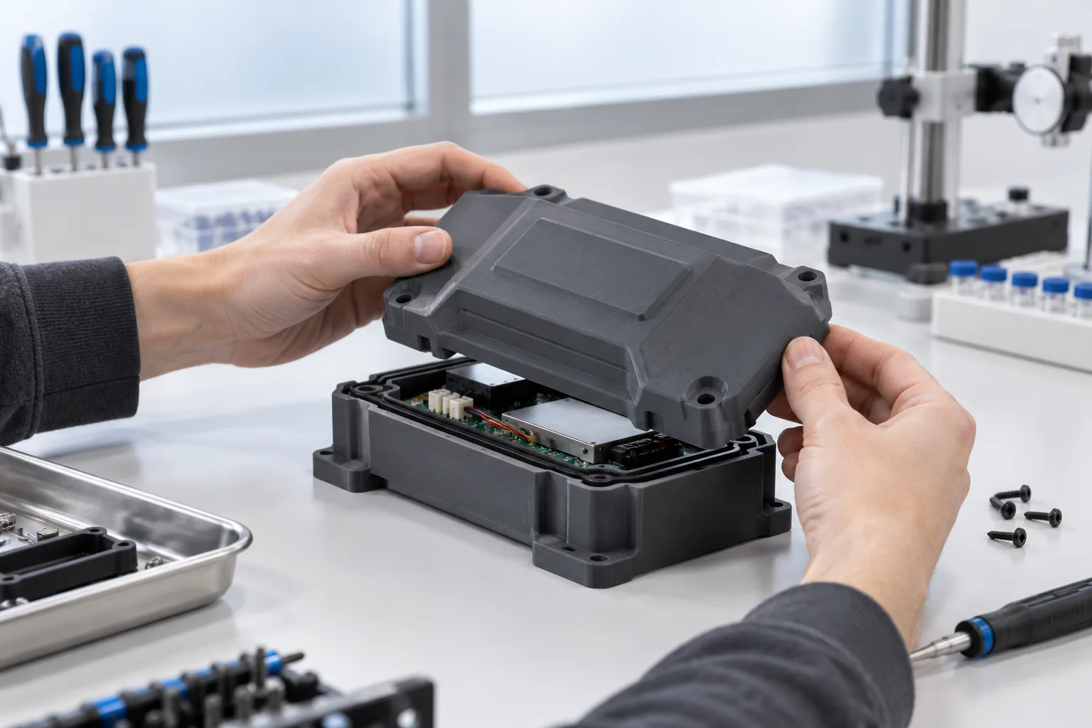 Dark grey printed enclosure halves with a fitted gasket being closed around the electronics of a generic medical device on a bright device-development lab bench